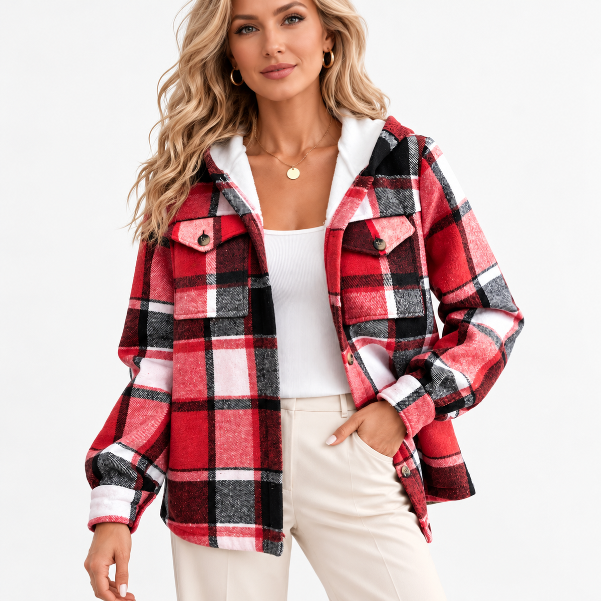 Odelia Breathable Plaid Shirt Jacket, Lined Hood — Red | Emory & Blanc