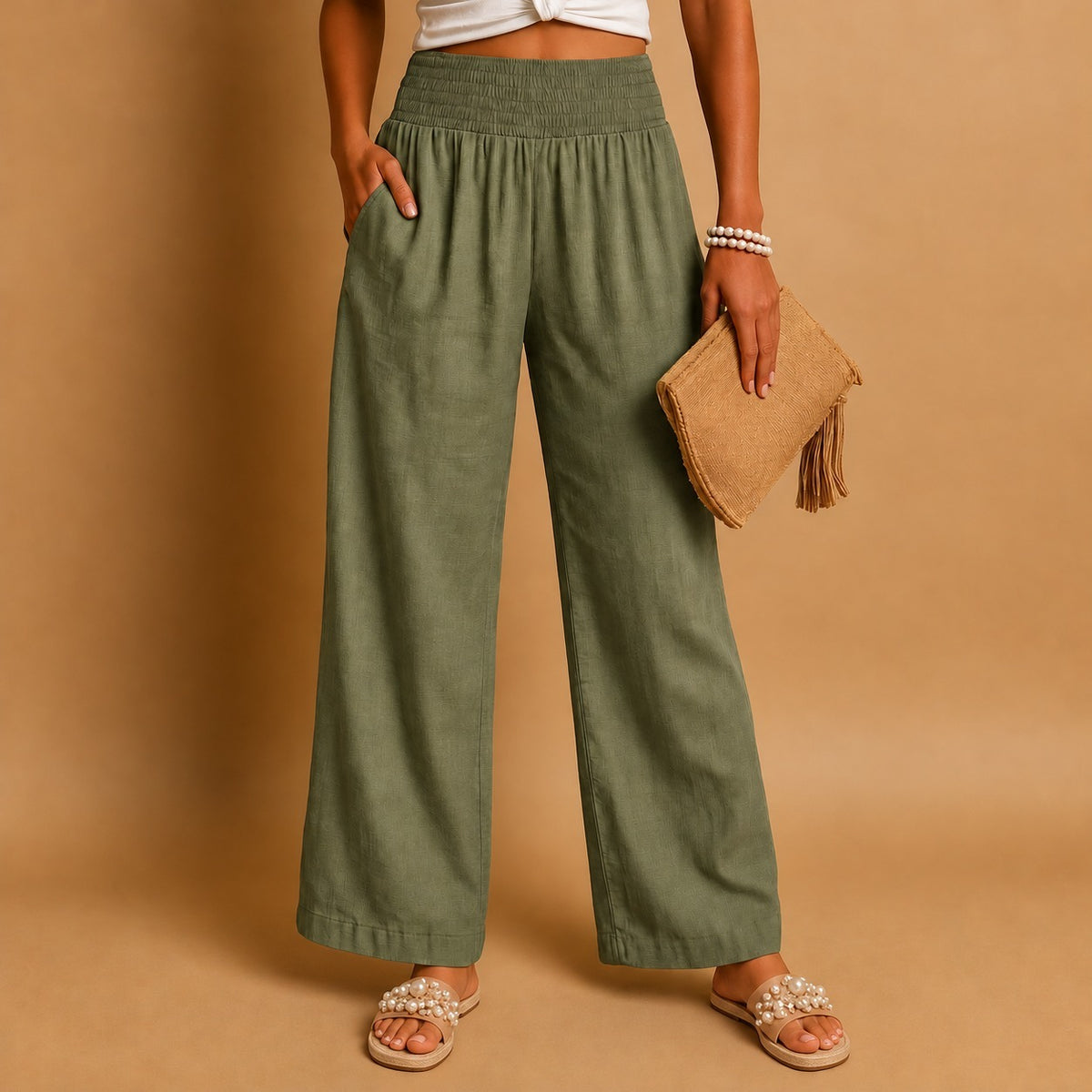 Odessa Comfort Smocked Trousers — Army Green | Emory & Blanc