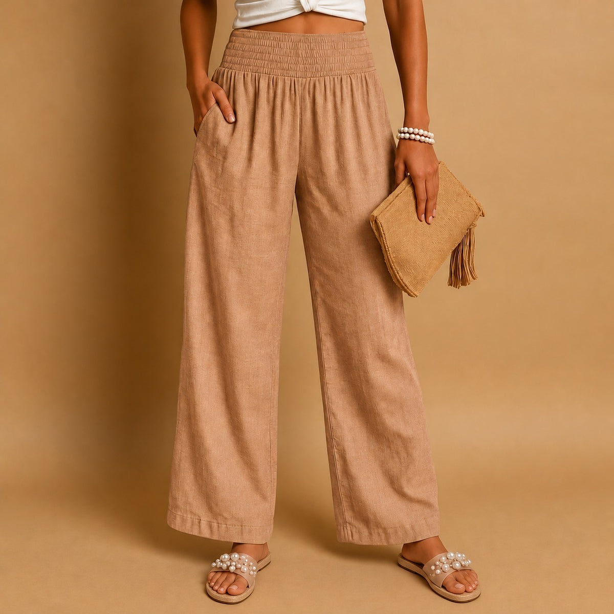 Odessa Comfort Smocked Trousers — Light Brown | Emory & Blanc