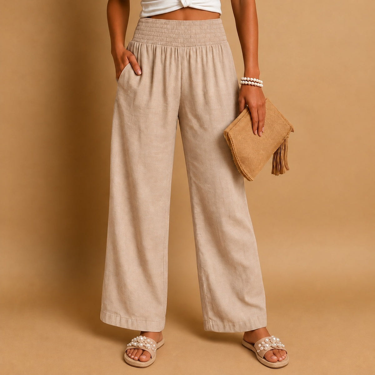 Odessa Comfort Smocked Trousers — Nude | Emory & Blanc
