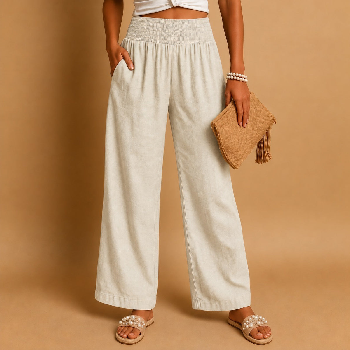 Odessa Comfort Smocked Trousers — Off White | Emory & Blanc