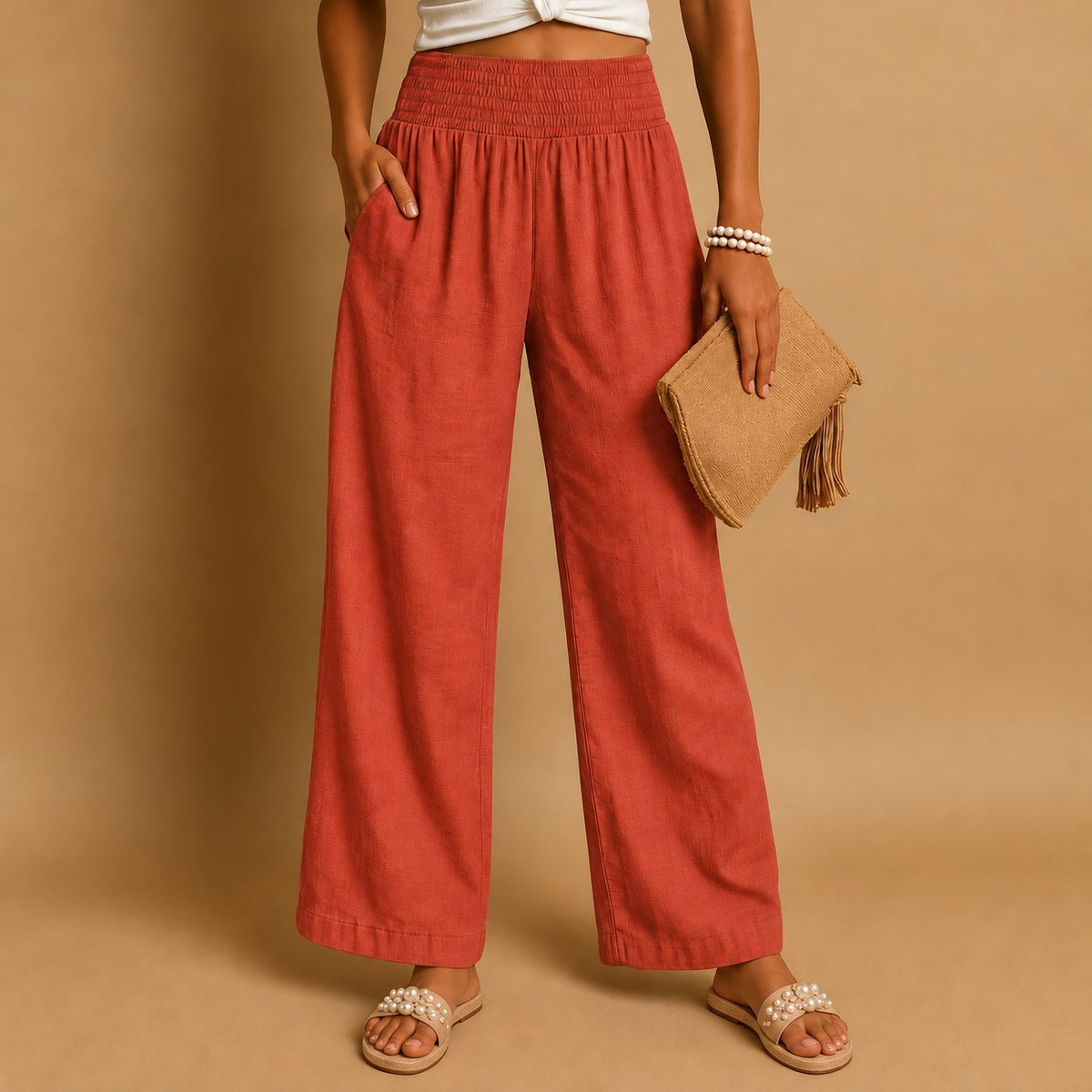 Odessa Comfort Smocked Trousers — Orange / Red | Emory & Blanc