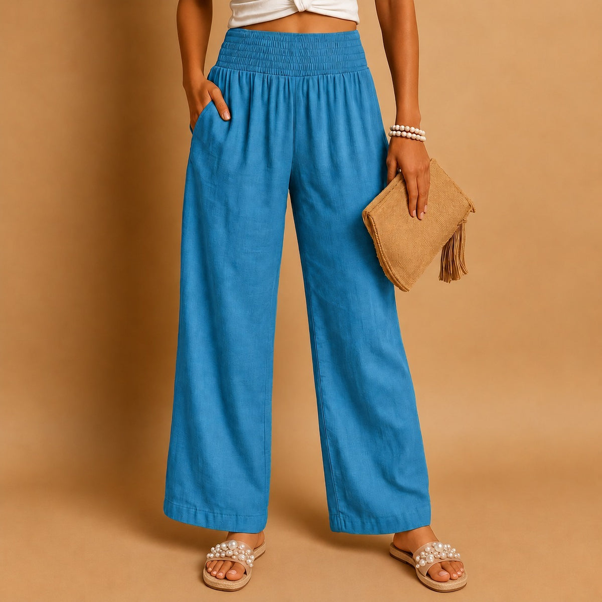 Odessa Comfort Smocked Trousers — Peacock Blue | Emory & Blanc