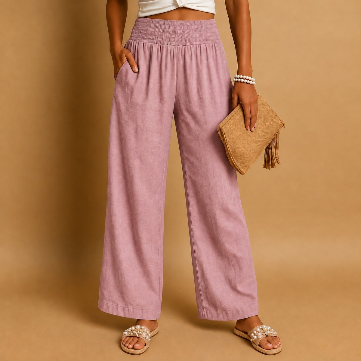 Odessa Comfort Smocked Trousers — Pink / Red | Emory & Blanc