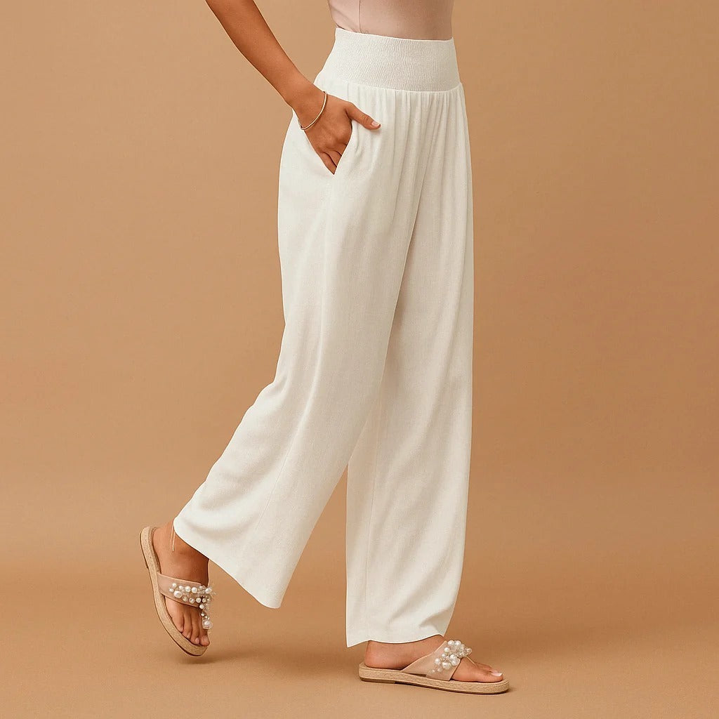 Odessa Comfort Smocked Trousers — White | Emory & Blanc