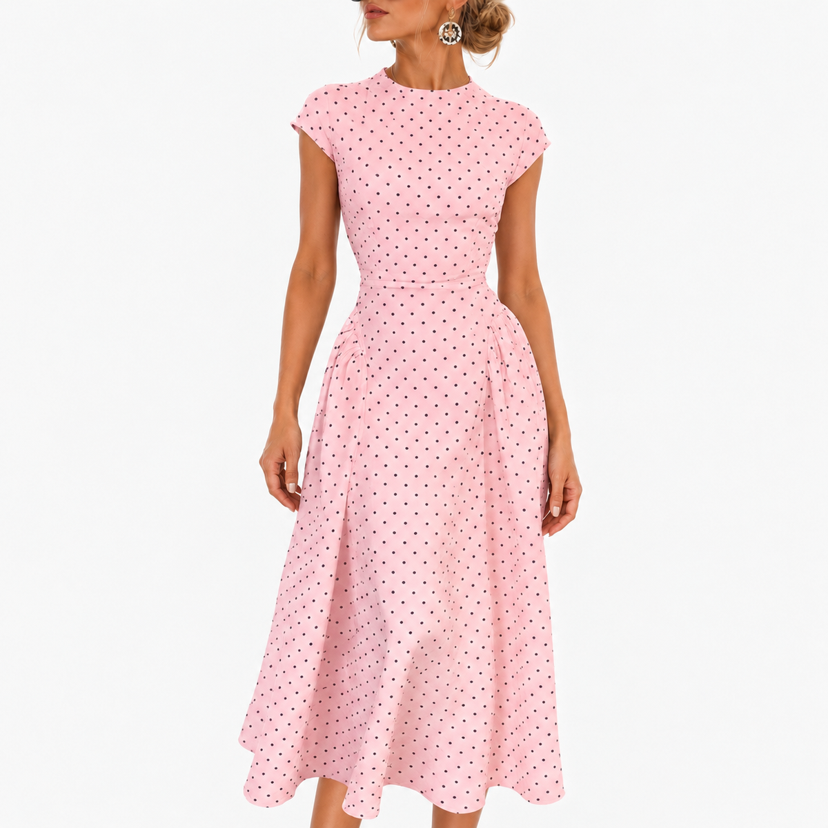 Odile Comfort Polka Dot Dress, Cap Sleeve — Pink | Emory & Blanc