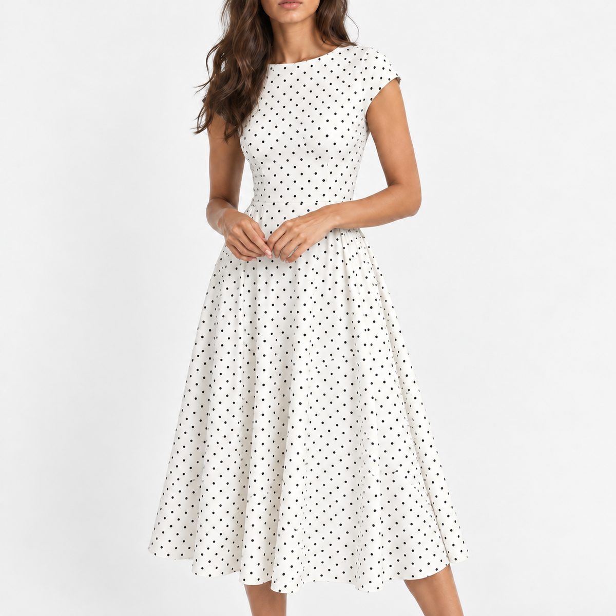Odile Comfort Polka Dot Dress, Cap Sleeve — White | Emory & Blanc