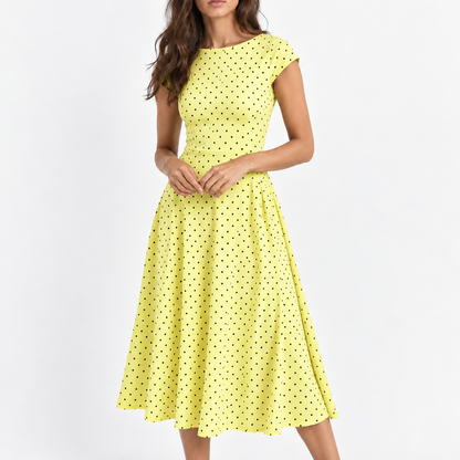 Odile Comfort Polka Dot Dress, Cap Sleeve — Yellow | Emory & Blanc