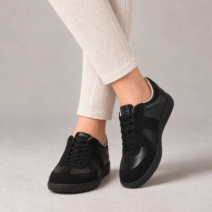 Ophelia Leather Low-Top Sneakers, Rounded Toe — All Black (Dx ) | Emory & Blanc