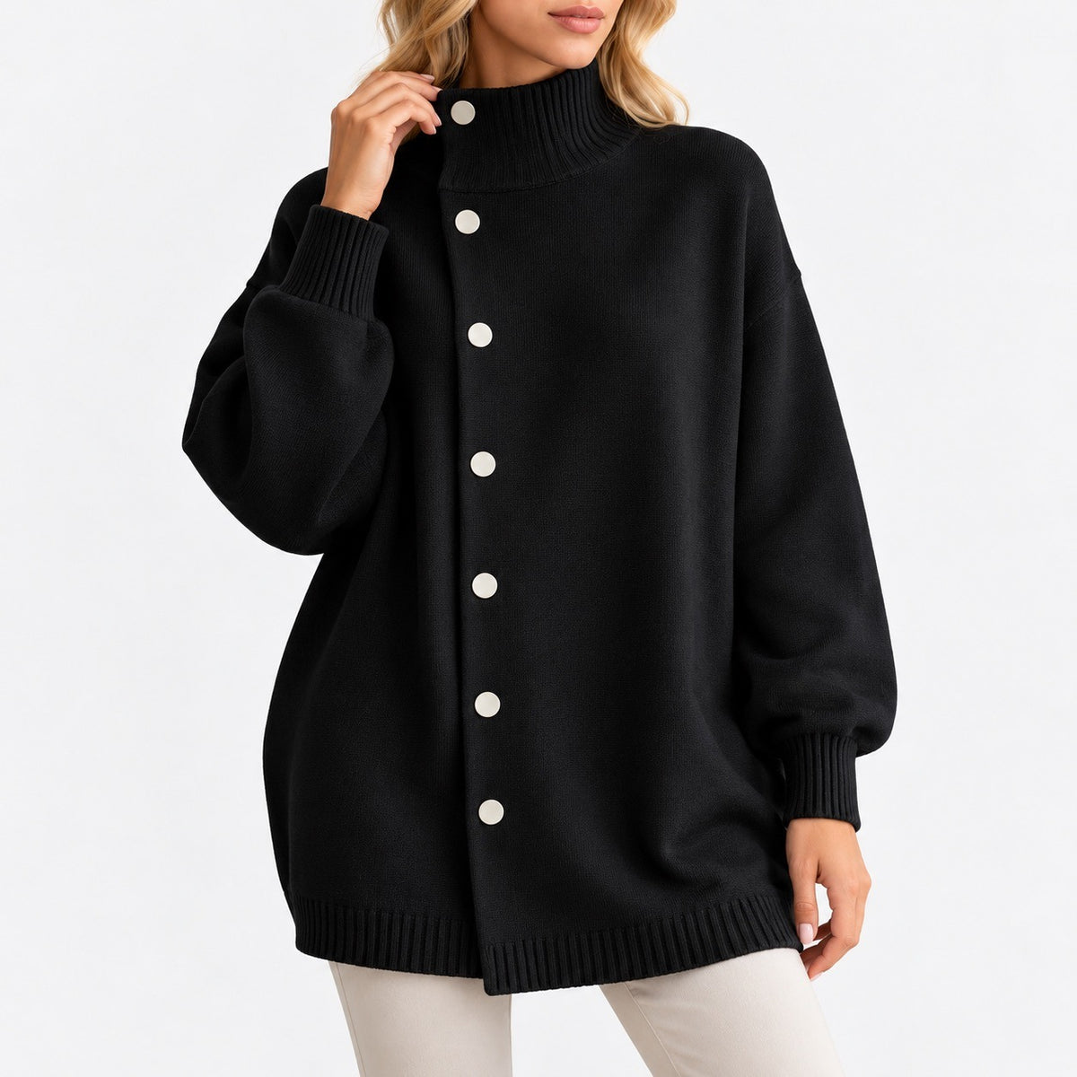 Oriana Relaxed Fit Funnel-Neck Cardigan — Black | Emory & Blanc