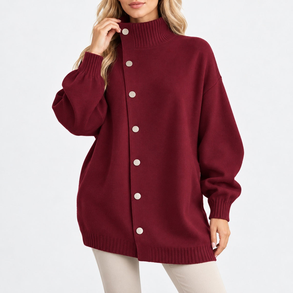 Oriana Relaxed Fit Funnel-Neck Cardigan — Burgundy | Emory & Blanc
