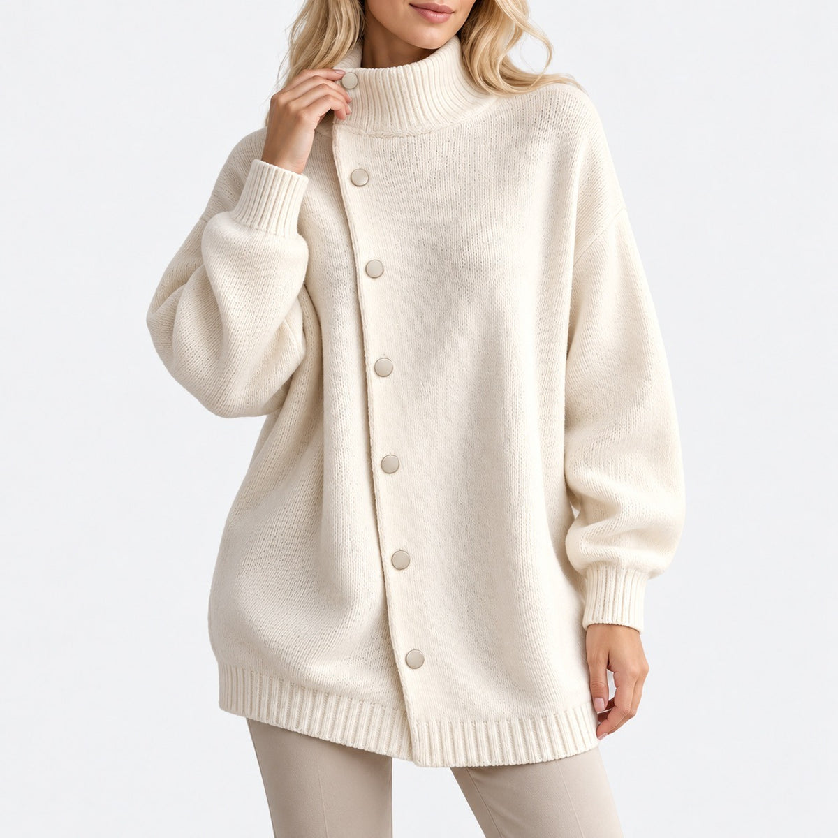 Oriana Relaxed Fit Funnel-Neck Cardigan — Off White | Emory & Blanc