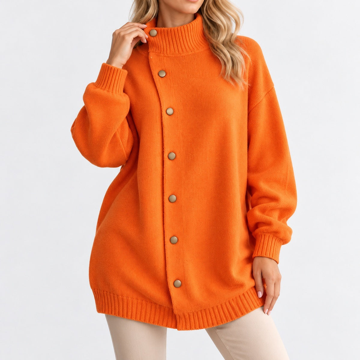 Oriana Relaxed Fit Funnel-Neck Cardigan — Orange | Emory & Blanc