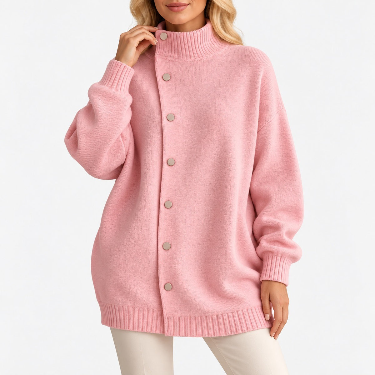 Oriana Relaxed Fit Funnel-Neck Cardigan — Pink / Red | Emory & Blanc