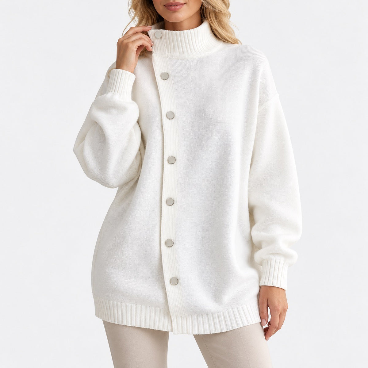 Oriana Relaxed Fit Funnel-Neck Cardigan — White | Emory & Blanc