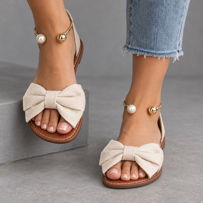 Ottilie Wide Bow Ankle Cuff Flat Sandals | Emory & Blanc