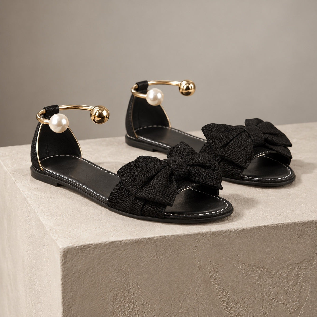 Ottilie Wide Bow Ankle Cuff Flat Sandals | Emory & Blanc