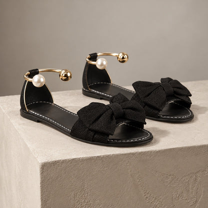 Ottilie Wide Bow Ankle Cuff Flat Sandals | Emory & Blanc