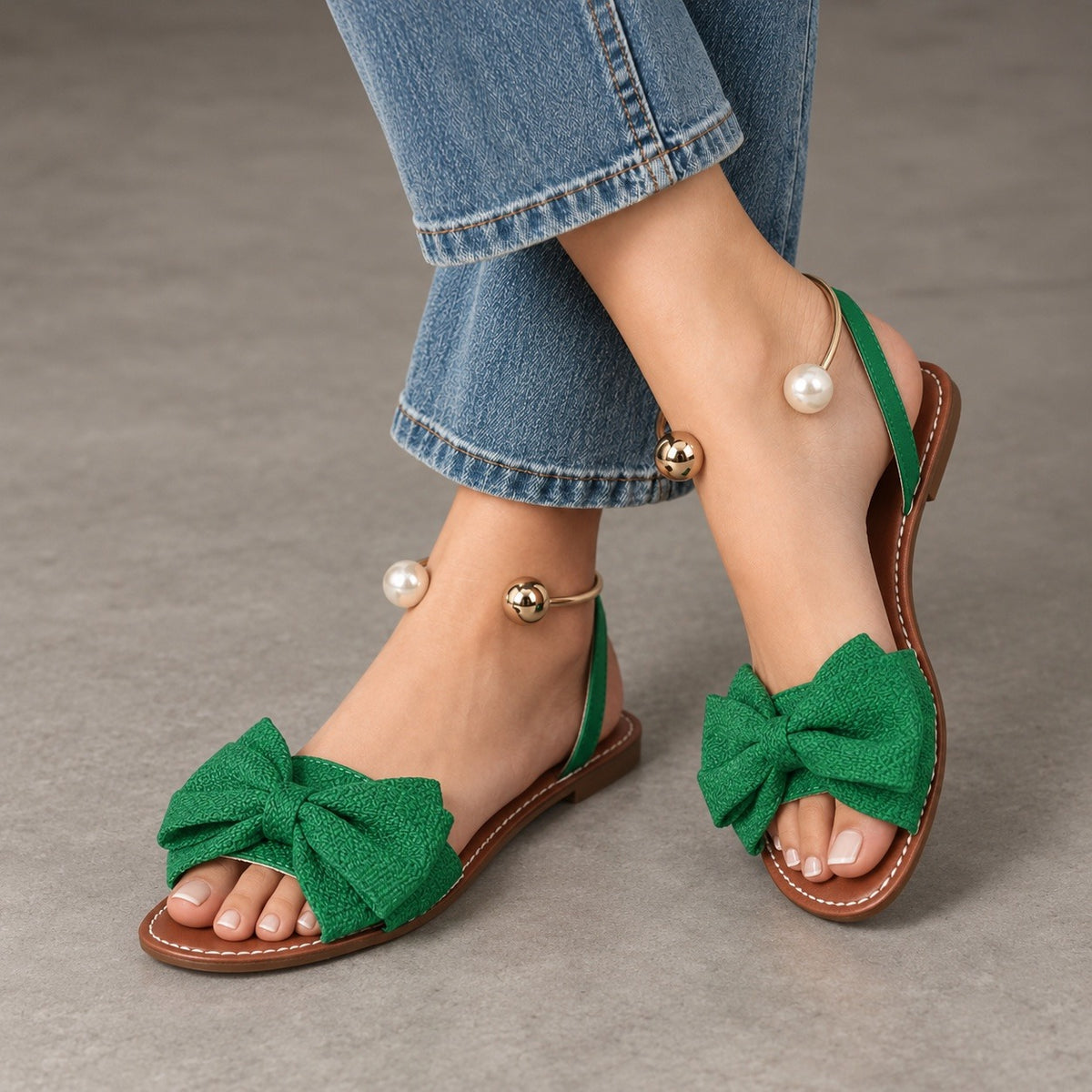 Ottilie Wide Bow Ankle Cuff Flat Sandals | Emory & Blanc
