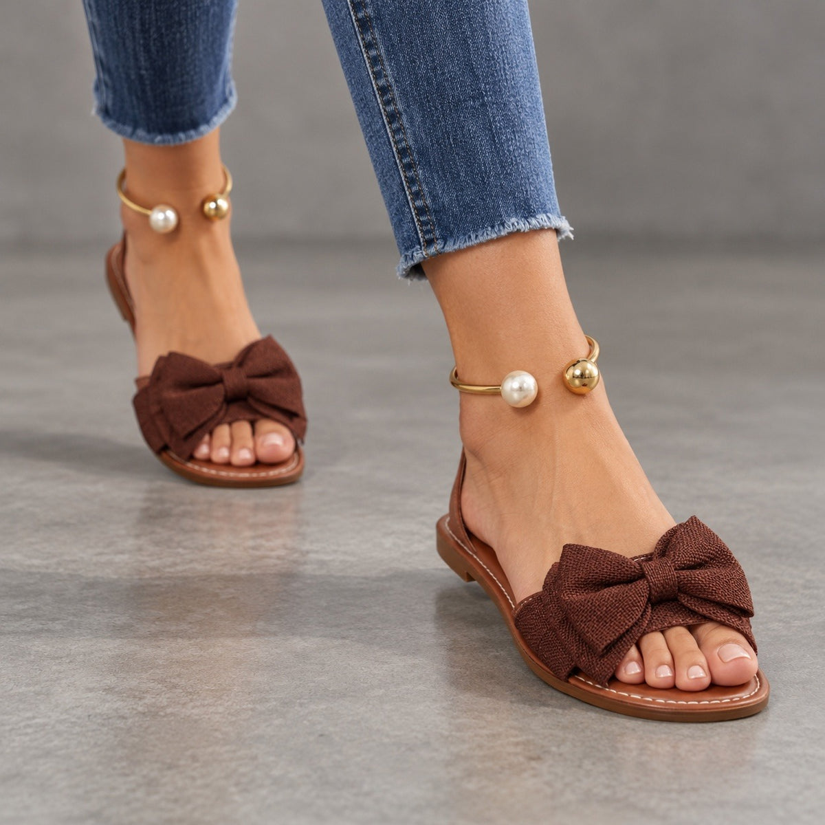 Ottilie Wide Bow Ankle Cuff Flat Sandals | Emory & Blanc