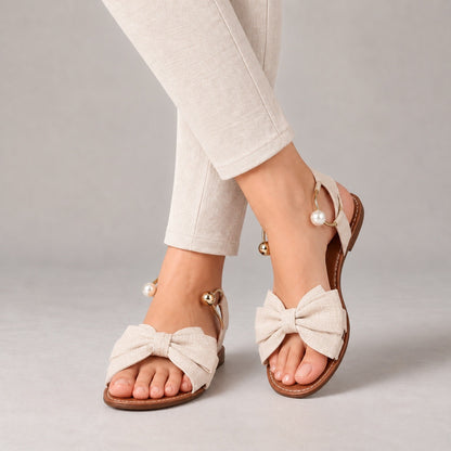 Ottilie Wide Bow Ankle Cuff Flat Sandals — Beige | Emory & Blanc