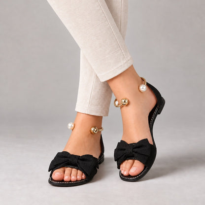 Ottilie Wide Bow Ankle Cuff Flat Sandals — Black | Emory & Blanc
