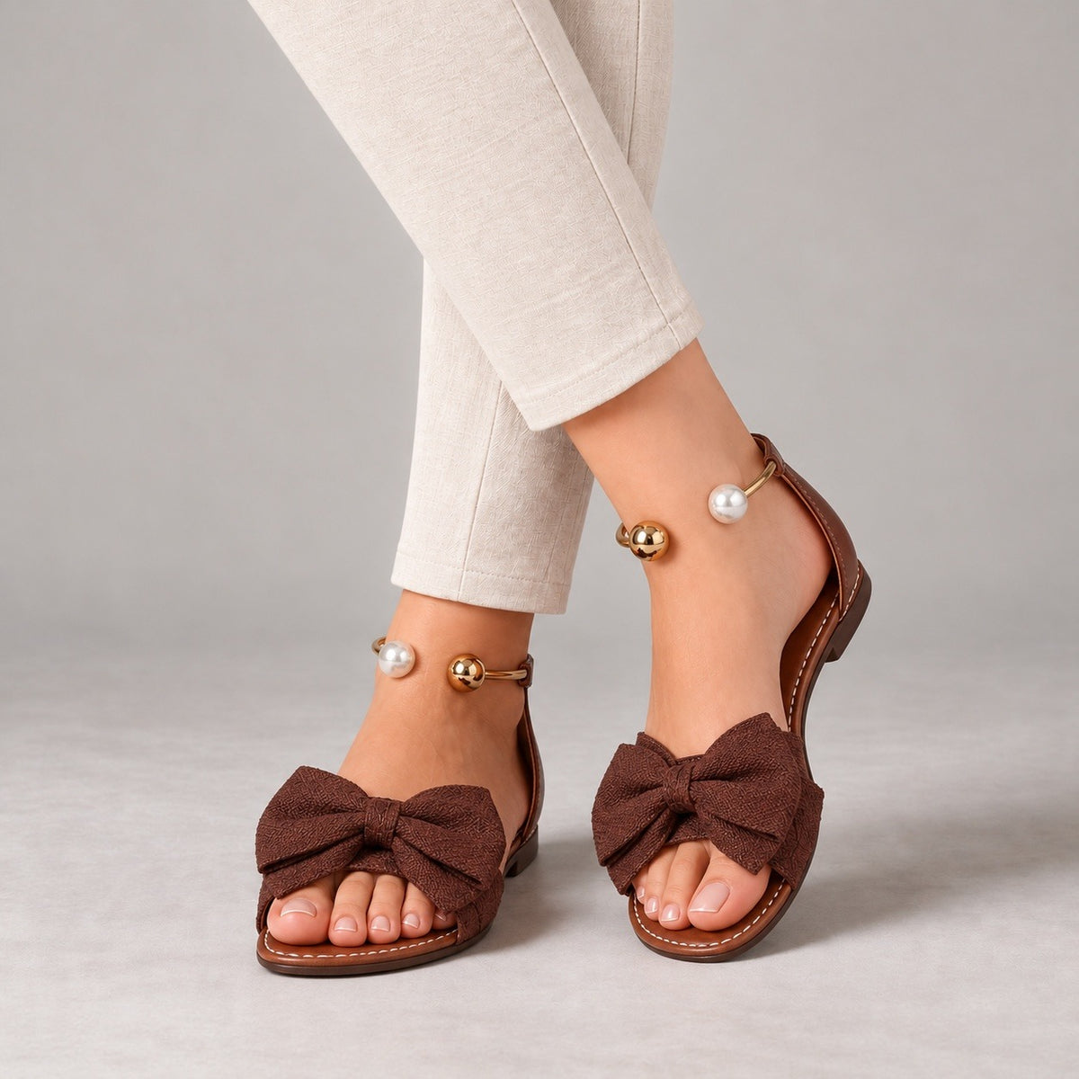 Ottilie Wide Bow Ankle Cuff Flat Sandals — Brown | Emory & Blanc