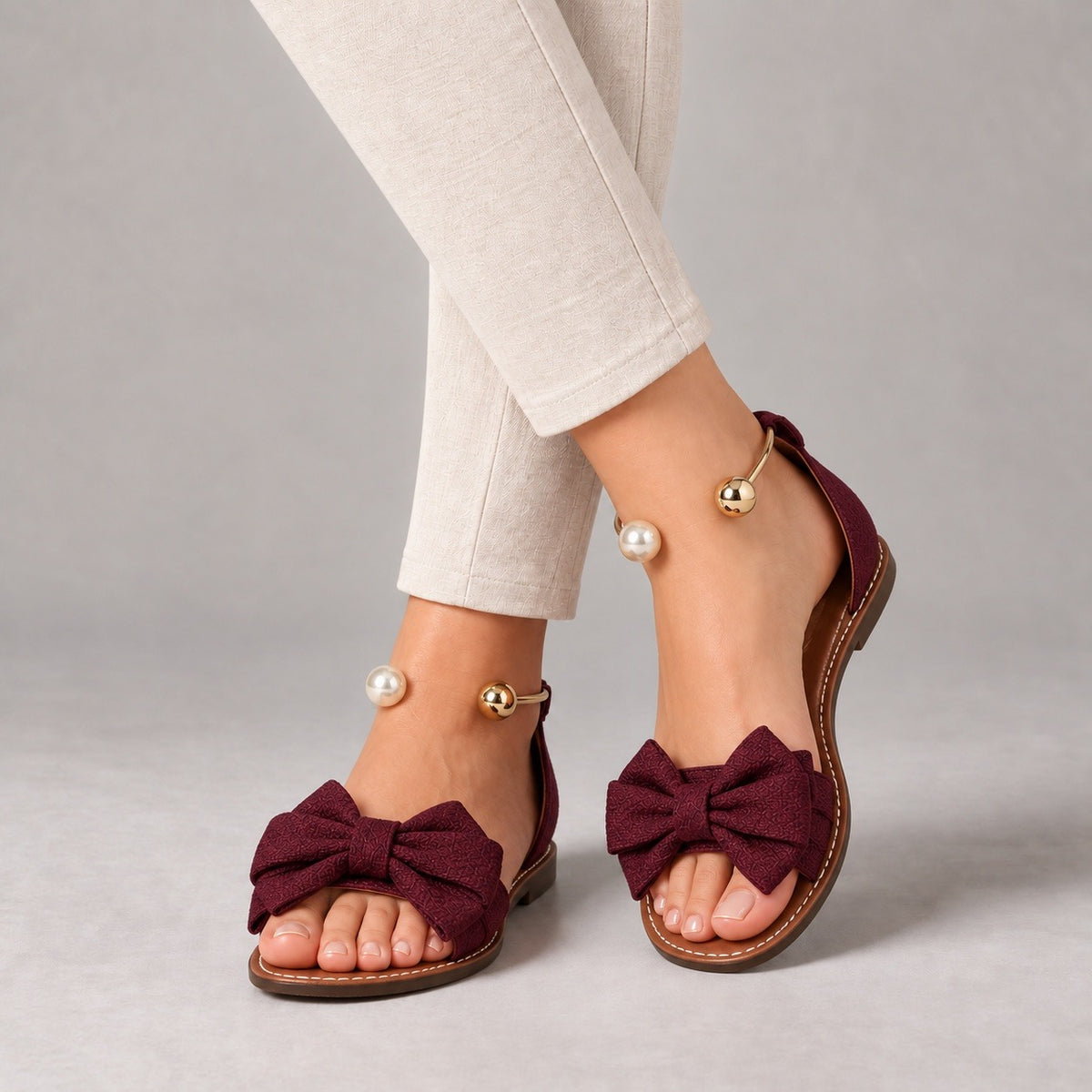 Ottilie Wide Bow Ankle Cuff Flat Sandals — Burgundy | Emory & Blanc