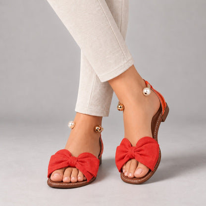 Ottilie Wide Bow Ankle Cuff Flat Sandals — Orange / Red | Emory & Blanc