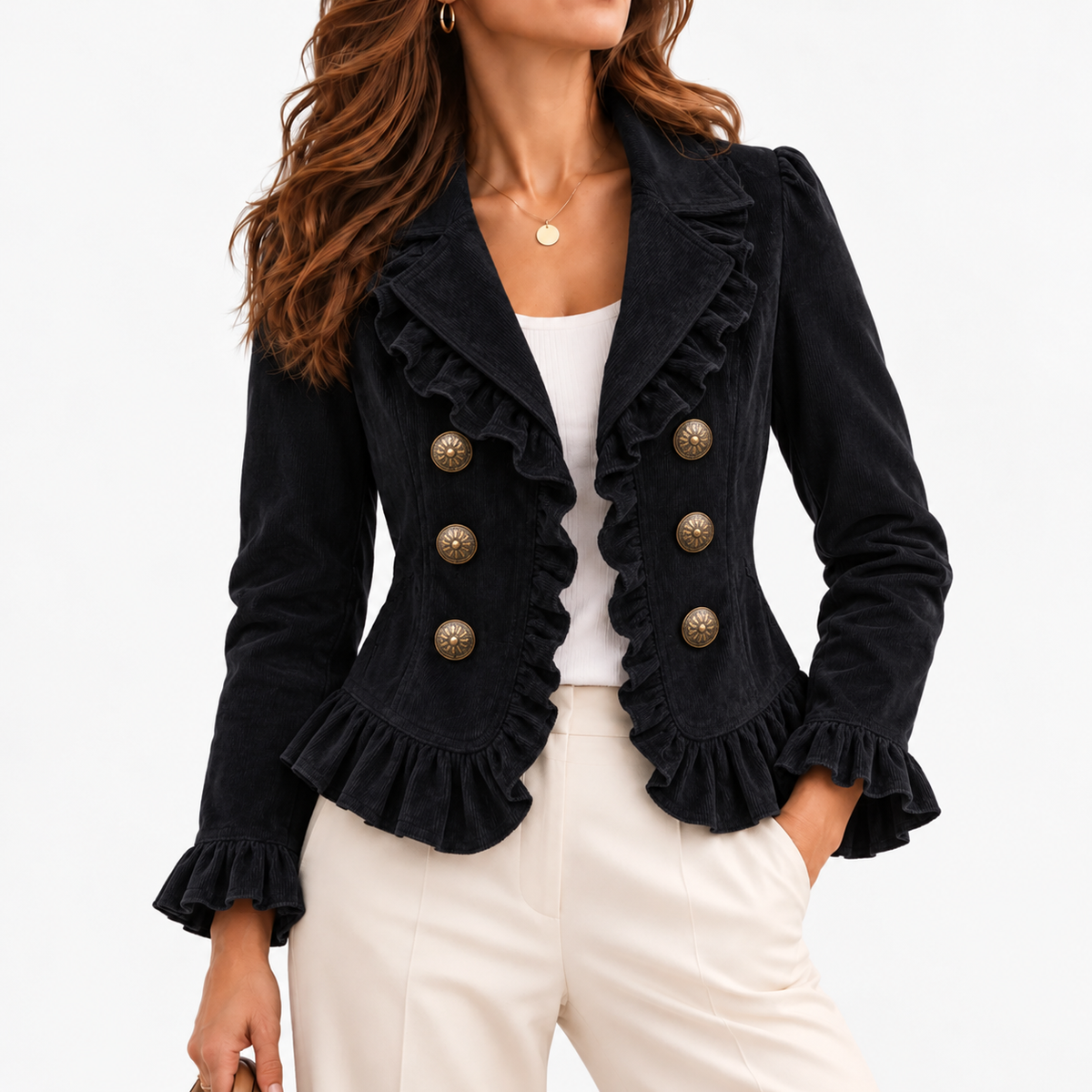 Ottoline Stretch Ruffle-Trim Jacket, Cropped — Black | Emory & Blanc