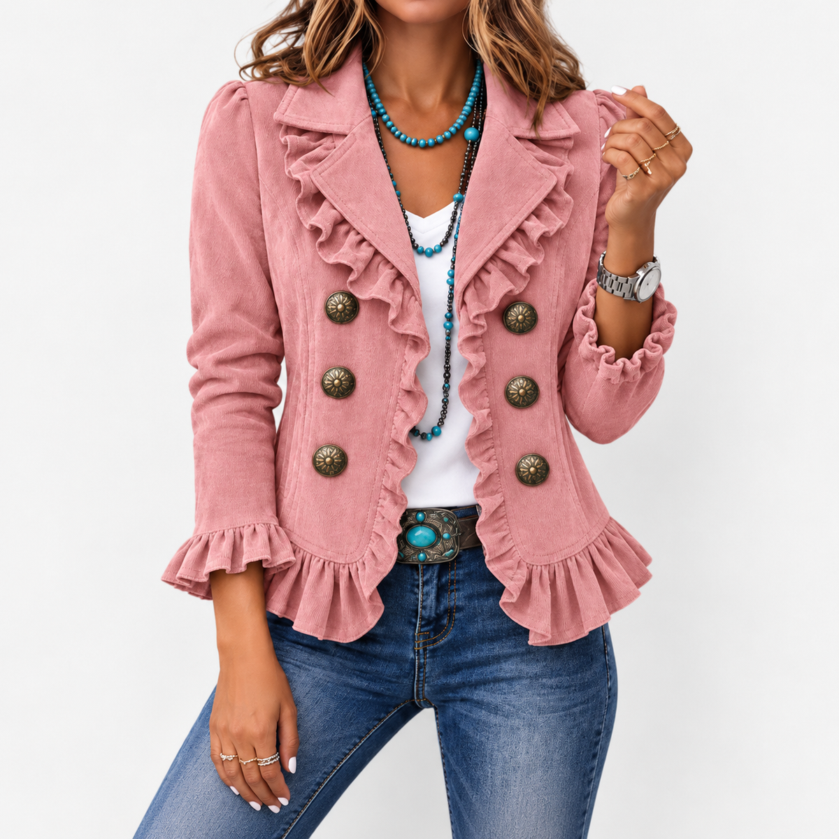 Ottoline Stretch Ruffle-Trim Jacket, Cropped — Blush | Emory & Blanc
