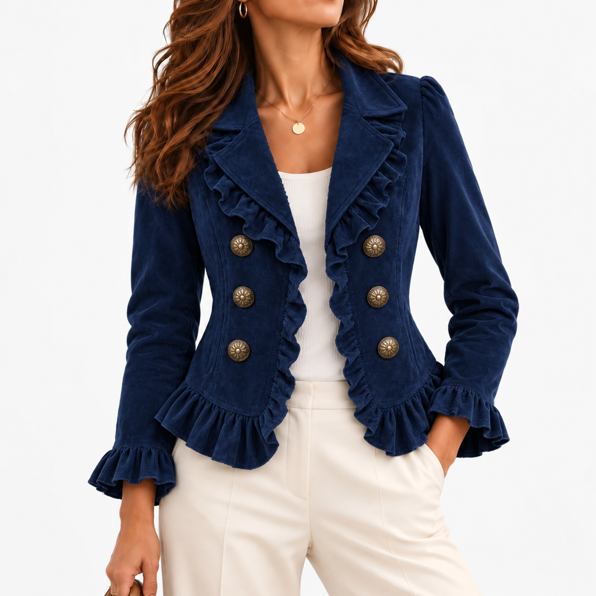 Ottoline Stretch Ruffle-Trim Jacket, Cropped — Navy | Emory & Blanc