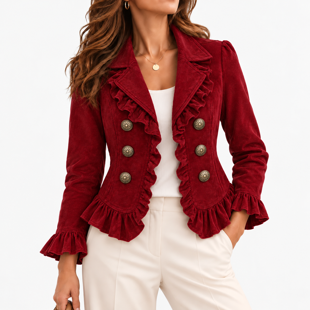 Ottoline Stretch Ruffle-Trim Jacket, Cropped — Red | Emory & Blanc