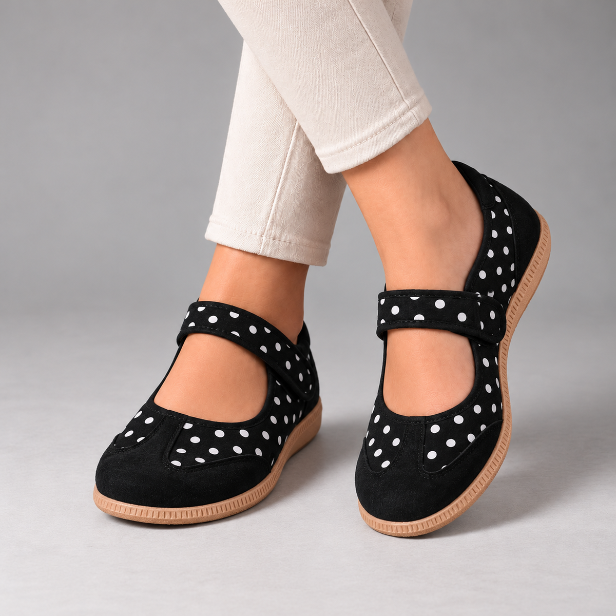 Rosabel Soft Polka Dot Walking Shoes, Mary Jane — Black | Emory & Blanc