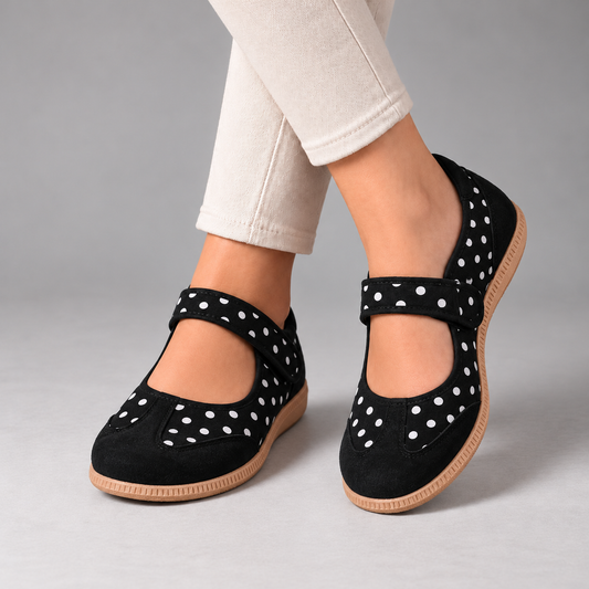 Rosabel Soft Polka Dot Walking Shoes, Mary Jane — Black | Emory & Blanc