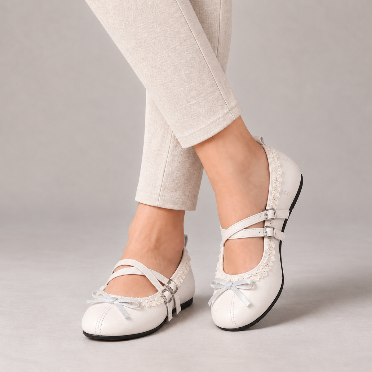 Rosalind Comfort Lace-Trim Mary Jane Shoes — Beige | Emory & Blanc