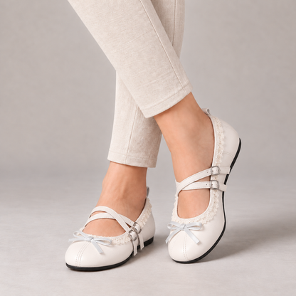 Rosalind Comfort Lace-Trim Mary Jane Shoes — Beige | Emory & Blanc