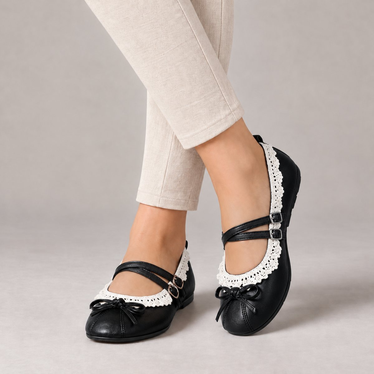 Rosalind Comfort Lace-Trim Mary Jane Shoes — Black | Emory & Blanc