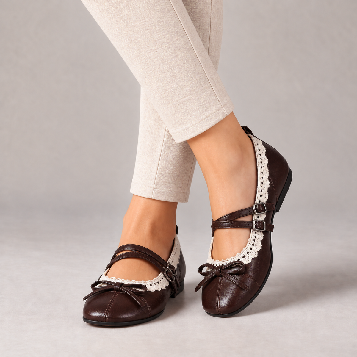 Rosalind Comfort Lace-Trim Mary Jane Shoes — Brown | Emory & Blanc