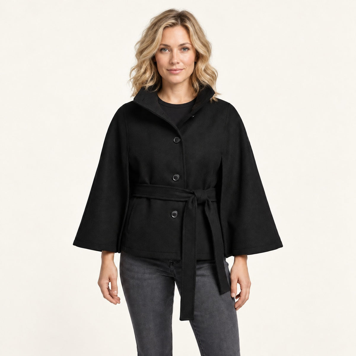 Rosamund Belted Wrap Jacket, Stand Collar | Emory & Blanc