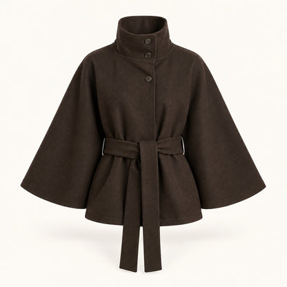 Rosamund Belted Wrap Jacket, Stand Collar — Braun | Emory & Blanc