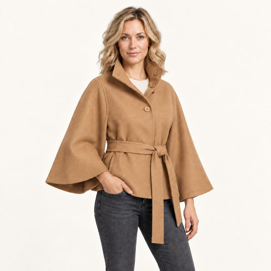 Rosamund Belted Wrap Jacket, Stand Collar — Khaki | Emory & Blanc