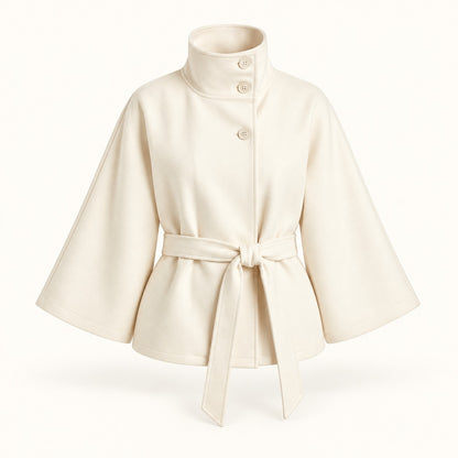 Rosamund Belted Wrap Jacket, Stand Collar — Weiss | Emory & Blanc