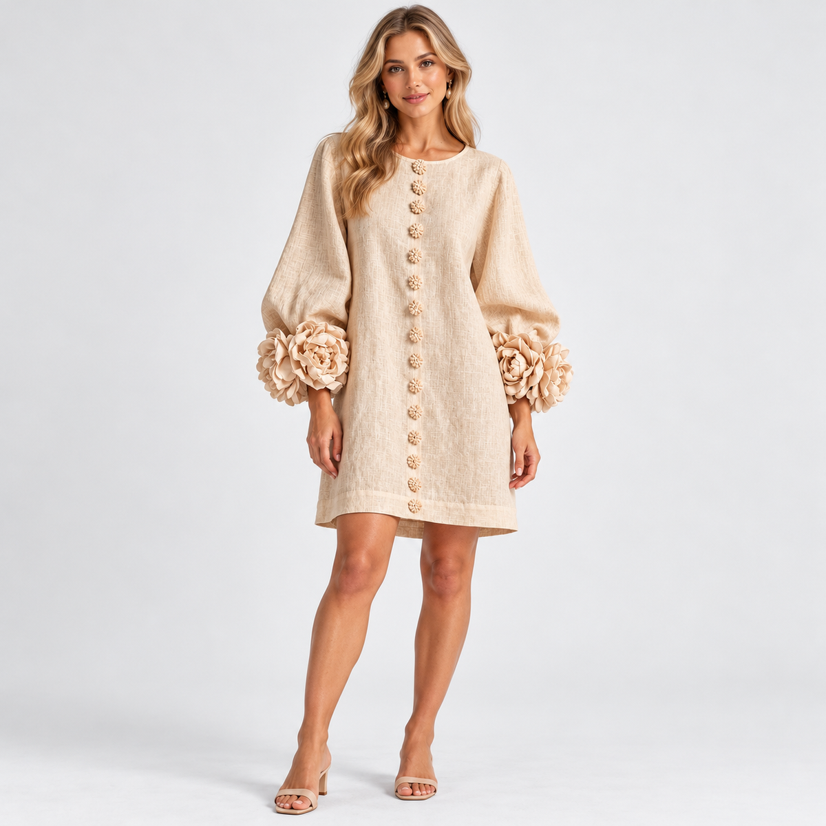 Rosanne Soft Flower-Cuff Shift Dress — Apricot | Emory & Blanc