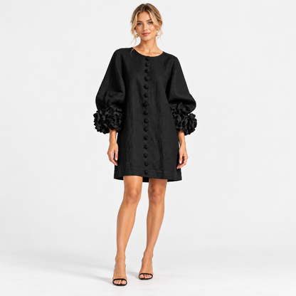 Rosanne Soft Flower-Cuff Shift Dress — Black | Emory & Blanc