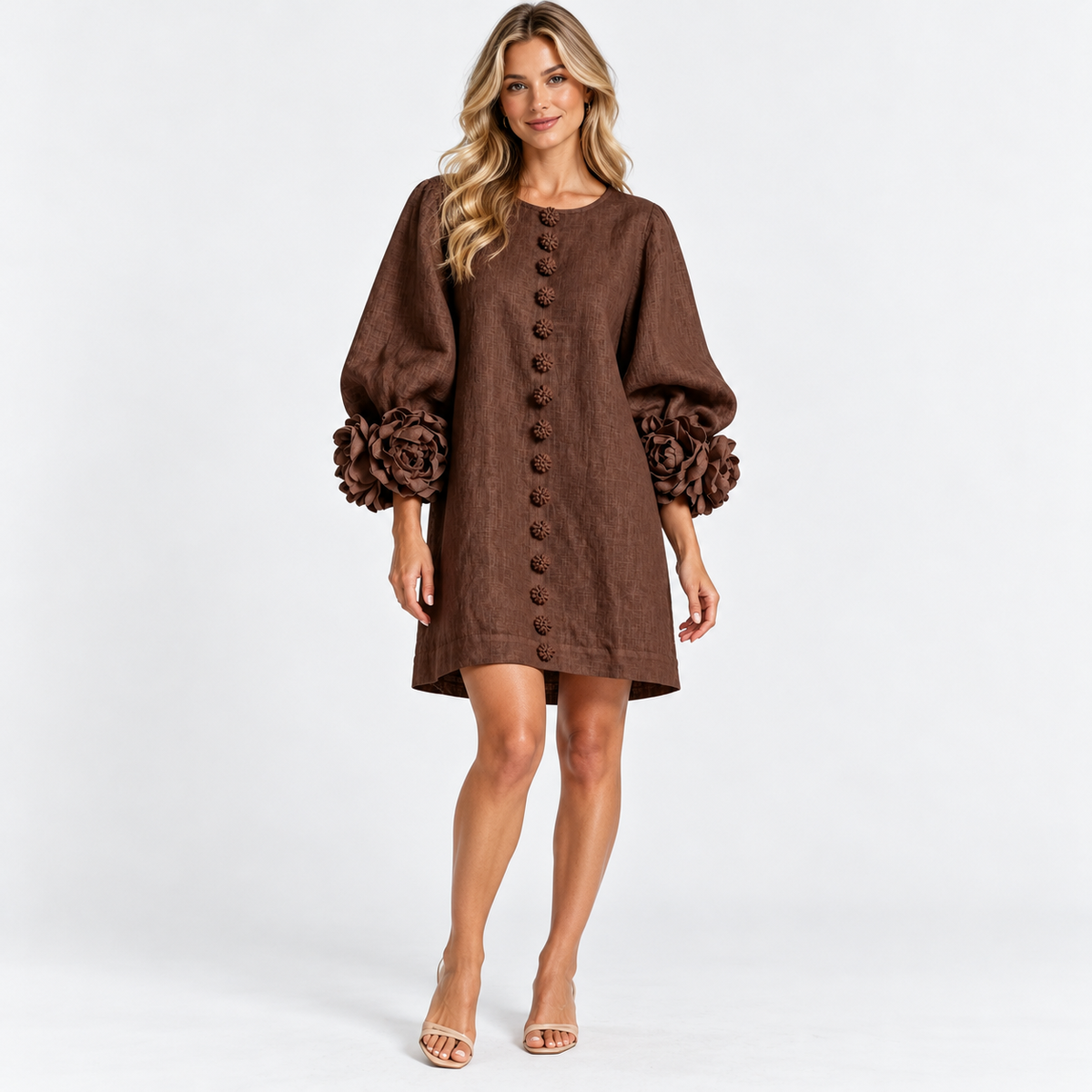 Rosanne Soft Flower-Cuff Shift Dress — Brown | Emory & Blanc