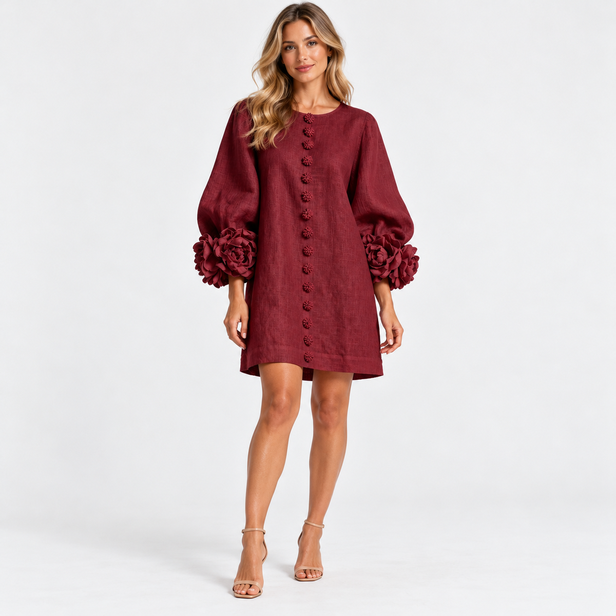 Rosanne Soft Flower-Cuff Shift Dress — Deep Red | Emory & Blanc