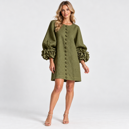 Rosanne Soft Flower-Cuff Shift Dress — Green | Emory & Blanc