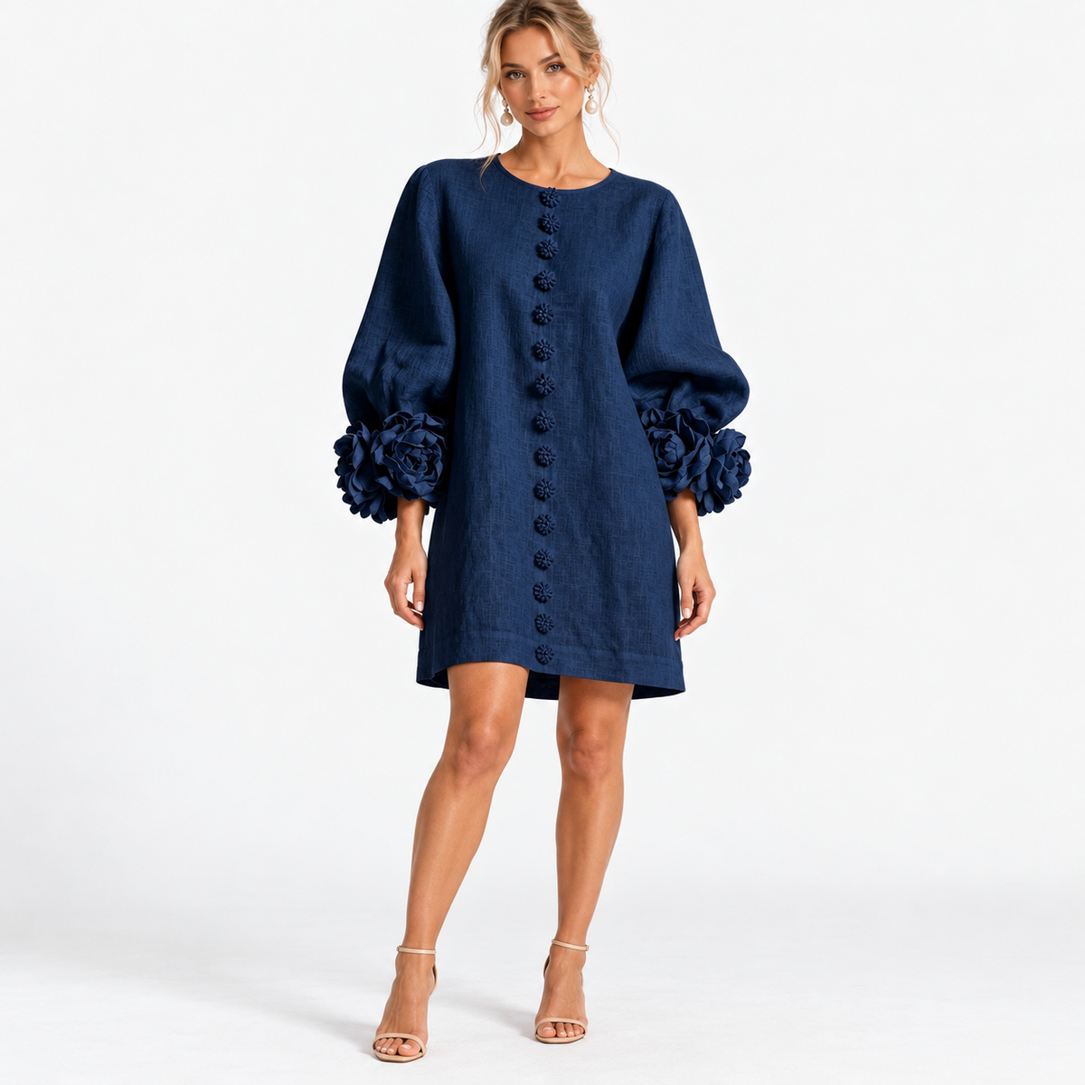 Rosanne Soft Flower-Cuff Shift Dress — Navy Blue | Emory & Blanc