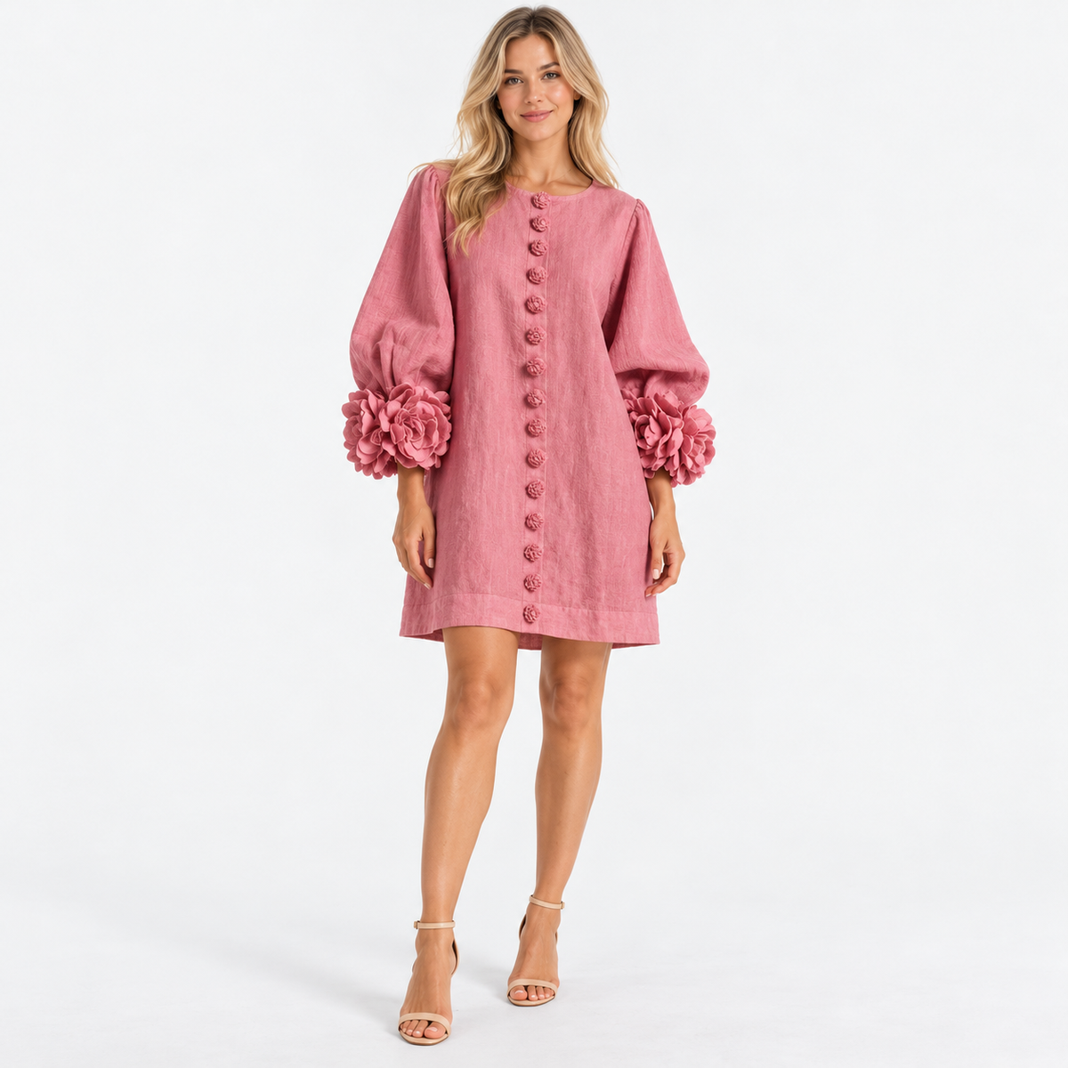 Rosanne Soft Flower-Cuff Shift Dress — Peach | Emory & Blanc